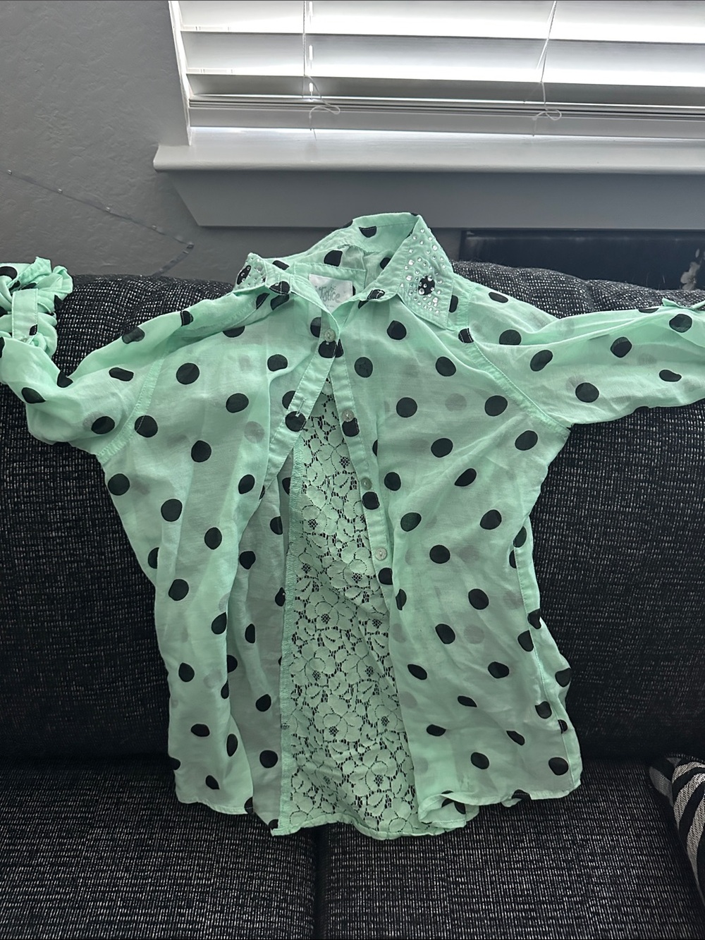 Justice Mint Green Polka Dot Button-Down with Lace Back